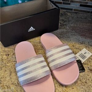 Adidas Pink Slides with White and Silver Stripes